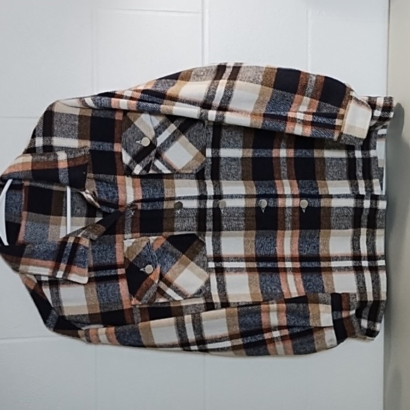 Plaid Thick Yarn Dyed Flannel Chore Coat Barn Jacket Navy Orange Tan Cream - Picture 9 of 9